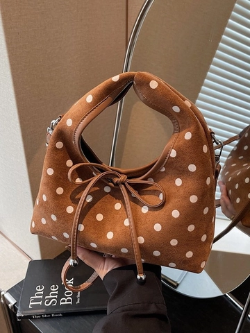 Retro Polka Dot Wildleder Schultertasche Für Damen Vintage Schleife Dekor Unterarm Hobotasche Modische Umhängetasche Casual Damen Handtasche