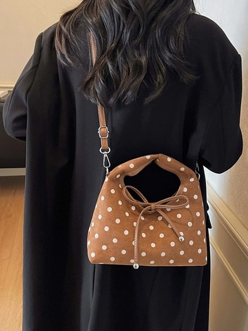 Retro Polka Dot Wildleder Schultertasche Für Damen Vintage Schleife Dekor Unterarm Hobotasche Modische Umhängetasche Casual Damen Handtasche