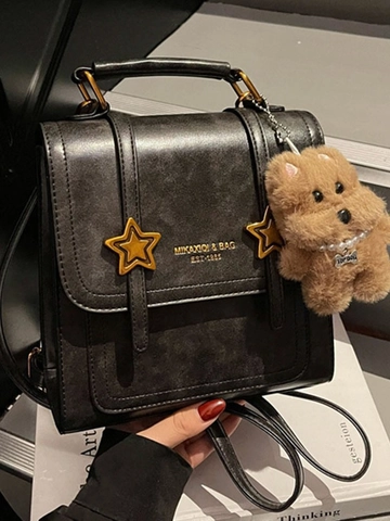 Women's Retro PU Leather Fashion Backpack Casual Small Square Schoolbag With Star Buckle And Plush Charm Multi-functional Bag
