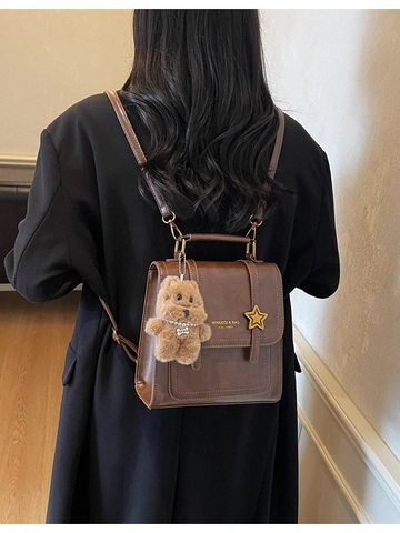 Women's Retro PU Leather Fashion Backpack Casual Small Square Schoolbag With Star Buckle And Plush Charm Multi-functional Bag