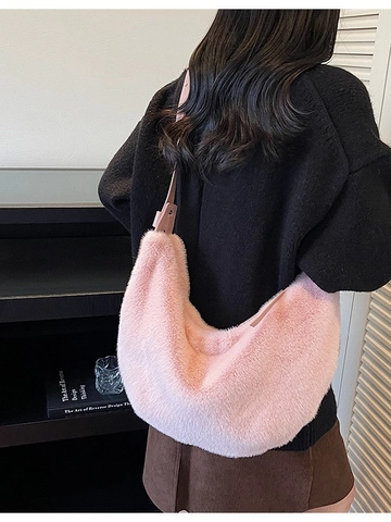 Borsa Hobo da Donna in Pelliccia Sintetica di Peluche a Grande Capacità Invernale Casual Borsa a Tracolla Tinta Unita Con Tracolla Regolabile