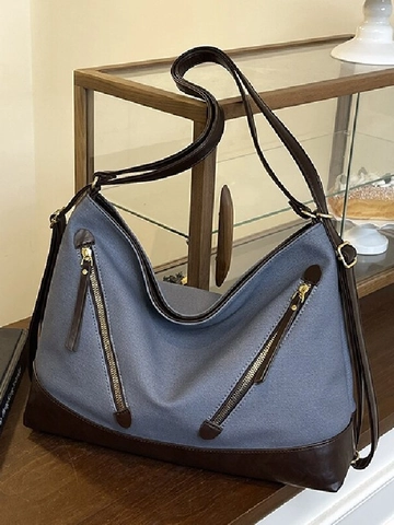 Vintage Grote PU Lederen Canvas Schoudertas Voor Dames Retro Color Block Tote Bag Met Rits Decoratie Handtas