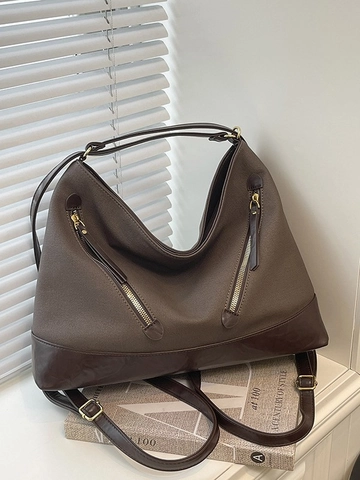 Vintage Grote PU Lederen Canvas Schoudertas Voor Dames Retro Color Block Tote Bag Met Rits Decoratie Handtas
