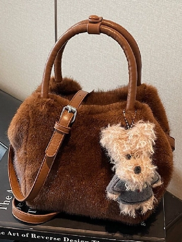 Borsa a Tracolla da Donna in Peluche Borsa Tote in Pelliccia Sintetica con Ciondolo a Forma di Orsacchiotto Borsetta Morbida Invernale