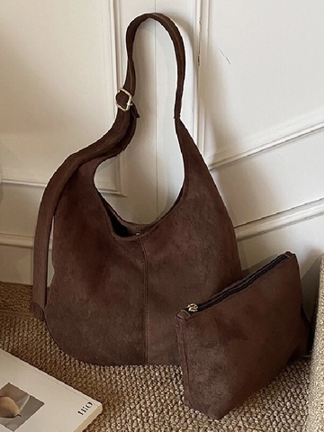 Retro Large Capacity Suede Shoulder Bag For Women Minimalist Hobo Tote Bag Solid Color Faux Suede Commuting Handbag Daily Use