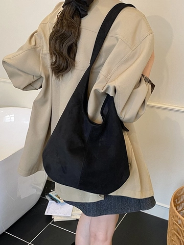 Retro Large Capacity Suede Shoulder Bag For Women Minimalist Hobo Tote Bag Solid Color Faux Suede Commuting Handbag Daily Use
