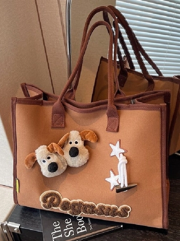 Damen Große Kapazität Canvas Tote Bag Mit 3D Plüsch Hund Und Sternanhänger Cartoon Lässige Schulter Handtasche Für Pendeln