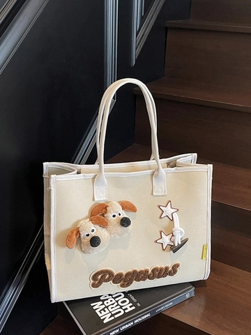Damen Große Kapazität Canvas Tote Bag Mit 3D Plüsch Hund Und Sternanhänger Cartoon Lässige Schulter Handtasche Für Pendeln
