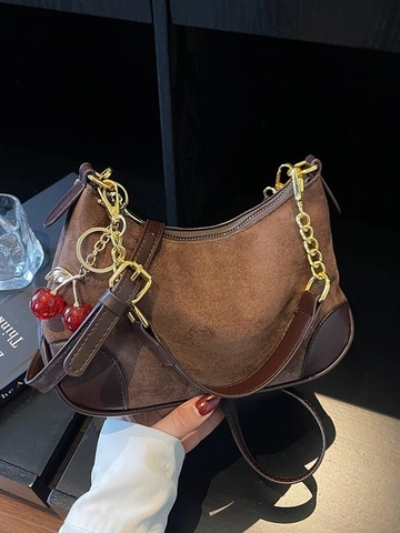 Vintage Suede Crescent Underarm Bag For Women Fashion Gold Chain Shoulder Bag With Cherry Pendant Elegant Hobo Bag Purse