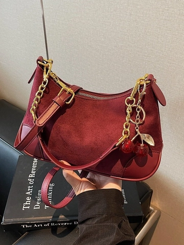 Vintage Suede Crescent Underarm Bag For Women Fashion Gold Chain Shoulder Bag With Cherry Pendant Elegant Hobo Bag Purse
