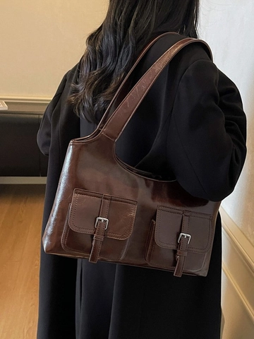 Vintage PU Leather Large Capacity Underarm Bag For Women Retro Double Pocket Shoulder Tote Bag Minimalist Daily Commute Handbag