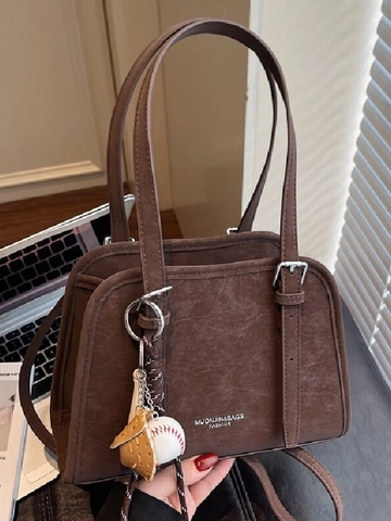 Bolso de Hombro de Cuero PU Vintage para Mujer Color Sólido Bolso Sobaco con Colgante de Béisbol Bolso de Moda para Conmutar