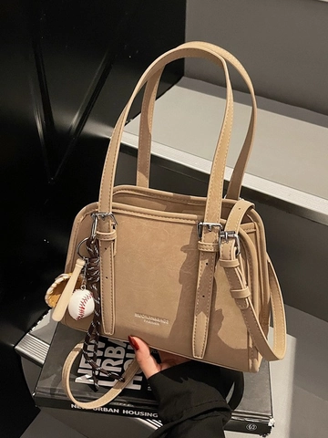 Bolso de Hombro de Cuero PU Vintage para Mujer Color Sólido Bolso Sobaco con Colgante de Béisbol Bolso de Moda para Conmutar