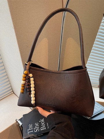 Borsa Sottobraccio in Pelle PU Retrò da Donna Borsa a Tracolla con Cuciture alla Moda con Pendente in Perline di Legno Borsa Casual