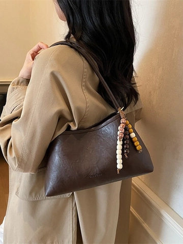 Borsa Sottobraccio in Pelle PU Retrò da Donna Borsa a Tracolla con Cuciture alla Moda con Pendente in Perline di Legno Borsa Casual