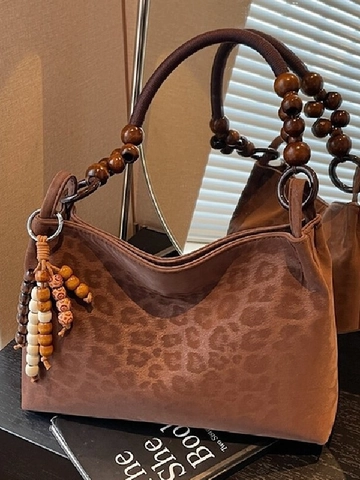 Sac à Épaule Vintage en Daim Léopard pour Femme Bohemian Underarm Tote Avec Poignée en Perles de Bois Pompon Grand Sac