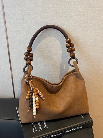 Sac à Épaule Vintage en Daim Léopard pour Femme Bohemian Underarm Tote Avec Poignée en Perles de Bois Pompon Grand Sac
