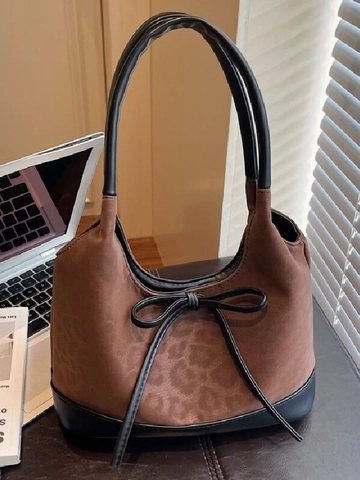 Women Vintage Leopard Print Bow Underarm Shoulder Bag Large Capacity PU Faux Suede Contrast Color Tote Bag For Commuting