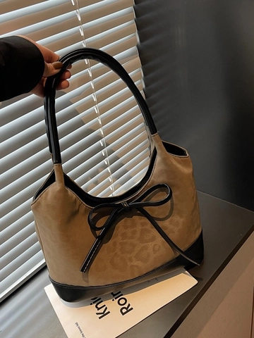 Women Vintage Leopard Print Bow Underarm Shoulder Bag Large Capacity PU Faux Suede Contrast Color Tote Bag For Commuting