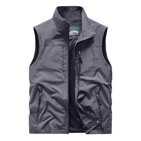 Gilet da Uomo Outdoor Multi-Tasca Asciugatura Rapida Collo Alto Casual Workwear Antivento Fodera in Rete Pesca Escursionismo Viaggio Top
