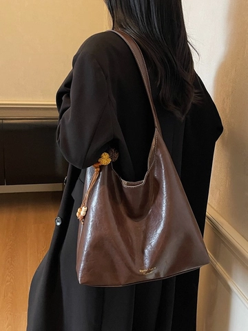 Bolso Tote de Cuero PU Vintage de Gran Capacidad para Mujer Minimalista Color Sólido Bolso de Hombro Con Colgantes Bohemios