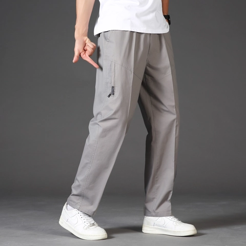 Men's 100% Cotton Cargo Casual Pants Thin Straight Leg Trousers With Elastic Drawstring Waist Zipper Pockets Solid Color