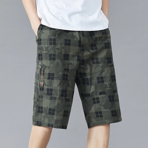 Herren Karierte Camouflage Cargo Shorts Baumwollmischung Lockere Passform Lässig Sportlich Fünf-Punkt-Shorts Mit Kordelzug Elastischer Bund Und Reißverschlusstaschen Sommer Outdoor Strandhose