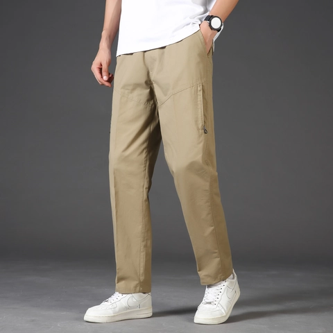 Men's 100% Cotton Cargo Casual Pants Thin Straight Leg Trousers With Elastic Drawstring Waist Zipper Pockets Solid Color