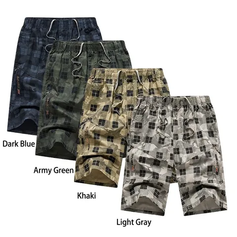 Herren Karierte Camouflage Cargo Shorts Baumwollmischung Lockere Passform Lässig Sportlich Fünf-Punkt-Shorts Mit Kordelzug Elastischer Bund Und Reißverschlusstaschen Sommer Outdoor Strandhose