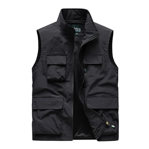 Gilet da Pesca Utility da Uomo in Nylon Multitasche Fodera in Mesh Collo Alto Fotografia All'aperto Giacca Senza Maniche