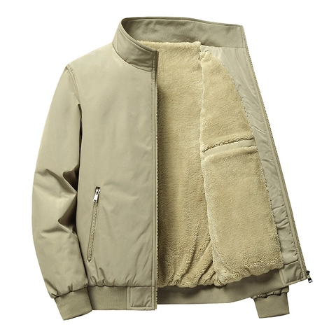 Men's Winter Fleece Lined Jacket Warm Bomber Coat Stand Collar Casual Outwear Cotton Blend Windproof Jacket Plus Size