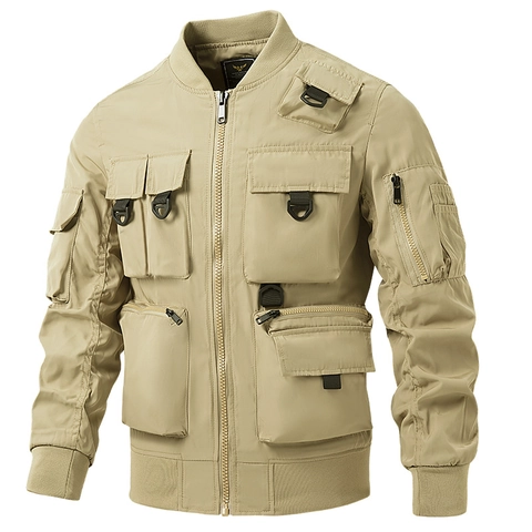 Chaqueta Bomber Táctica Retro Americana para Hombre Multibolsillos Funcional Resistente al Viento Impermeable Abrigo