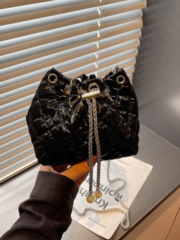 Bolso Cubo de Cuero PU Mini para Mujer Acolchado Patrón de Celosía Cordón Cadena Bolso de Hombro Perlas Artificiales