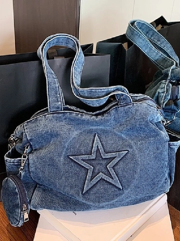 Sac Tote en Denim Rétro pour Femmes Étoile Grande Capacité Sac à Bandoulière Décontracté Avec Petite Pochette Ronde en Denim Délavé