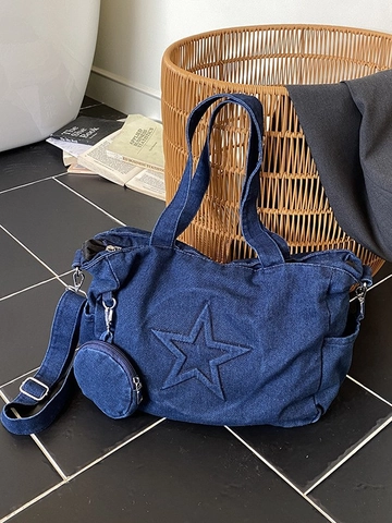 Sac Tote en Denim Rétro pour Femmes Étoile Grande Capacité Sac à Bandoulière Décontracté Avec Petite Pochette Ronde en Denim Délavé