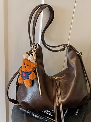 Borsa Hobo Vintage Donna Grande Capacità Pelle PU Plissettata Borsa a Tracolla Pendolare Con Pendente Orsetto Peluche