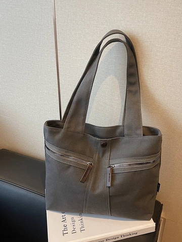 Women Large Capacity Canvas Tote Bag Casual Solid Color Double Zipper Pocket Shoulder Bag Lightweight Commuting Handbag