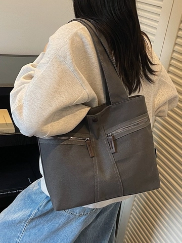 Women Large Capacity Canvas Tote Bag Casual Solid Color Double Zipper Pocket Shoulder Bag Lightweight Commuting Handbag