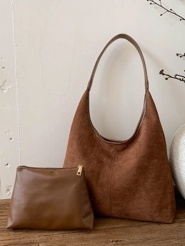 Minimalist Women Frosted PU Leather Shoulder Bag Large Capacity Tote Bag Suede Texture Hobo Bag With Inner Pouch Retro Bag