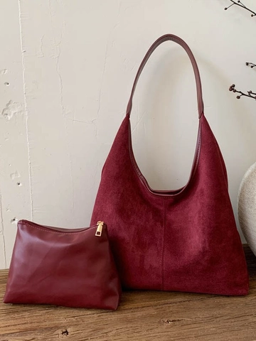 Minimalist Women Frosted PU Leather Shoulder Bag Large Capacity Tote Bag Suede Texture Hobo Bag With Inner Pouch Retro Bag