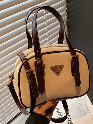 Vintage Women Frosted PU Leather Boston Bag Contrast Color Small Square Crossbody Bag With Triangle Metal Plaque Detail