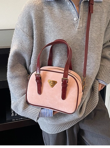 Vintage Women Frosted PU Leather Boston Bag Contrast Color Small Square Crossbody Bag With Triangle Metal Plaque Detail