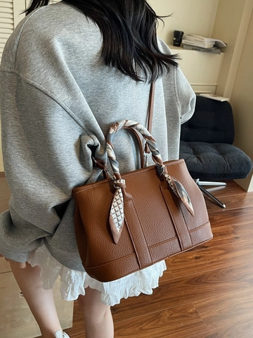 Fashion Lychee Pattern PU Leather Bucket Bag For Women Retro Elegant Handbag With Scarf Handle Shoulder Crossbody Bag