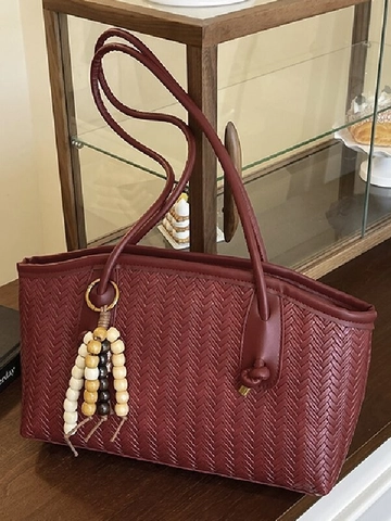 Borsa a Tracolla in Pelle PU Intrecciata da Donna Grande Capacità Borsa Tote Retro Con Ciondolo Perle di Legno Borsa da Lavoro Casual