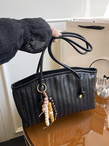 Borsa a Tracolla in Pelle PU Intrecciata da Donna Grande Capacità Borsa Tote Retro Con Ciondolo Perle di Legno Borsa da Lavoro Casual