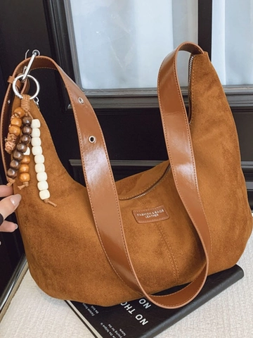 Damen Vintage Wildleder-Optik PU Leder Umhängetasche Hobo Tasche Große Kapazität Verstellbarer Riemen Mit Boho Holzperlenanhänger