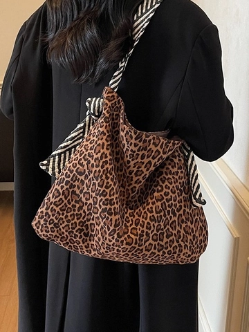 Borsa Tote di Grande Capacità con Stampa Leopardata per Donna in Pelle PU Moda Borsa a Tracolla Casual con Cinghia a Righe