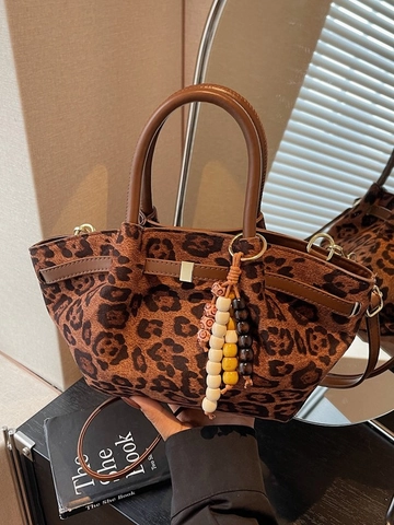Retro Leopard Print Bucket Bag For Women Suede Leather Crossbody Bag With Beaded Charm Magnetic Clasp Removable Strap Handbag