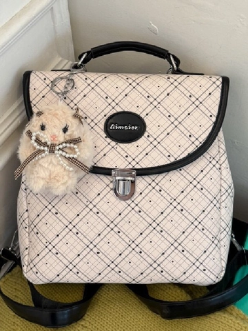Fashion Preppy Style PU Leather Grid Polka Dot Backpack For Women Minimalist Handbag Travel School Bag With Plush Pendant