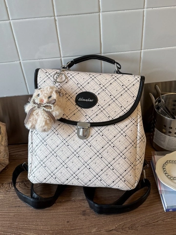 Fashion Preppy Style PU Leather Grid Polka Dot Backpack For Women Minimalist Handbag Travel School Bag With Plush Pendant